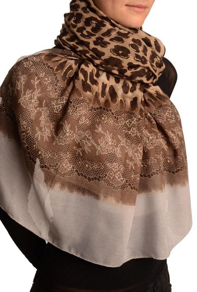 Liss Kiss Leopard With Gold Glitter & Grey Lace Print - Scarf
