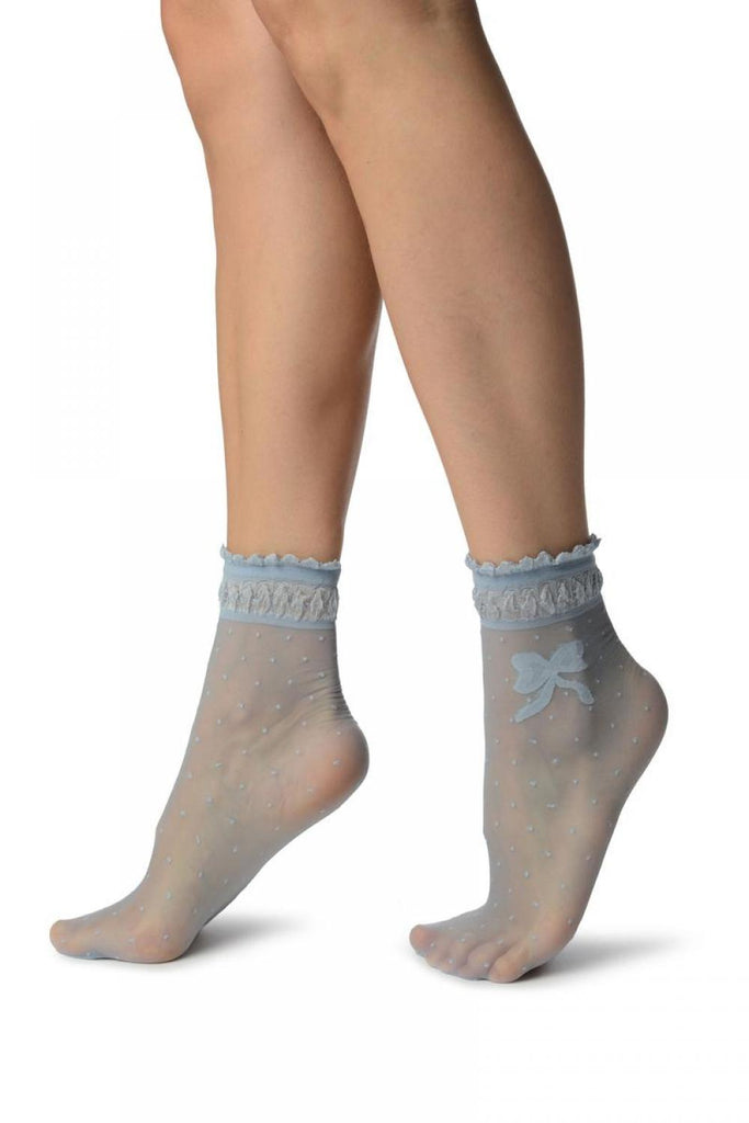 Liss Kiss Light Blue With Dots & Bow Comfort Top Ankle High Socks - Socks