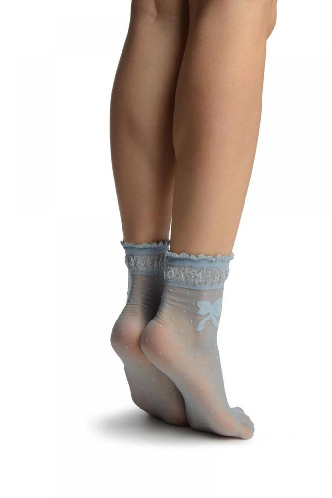 Liss Kiss Light Blue With Dots & Bow Comfort Top Ankle High Socks - Socks