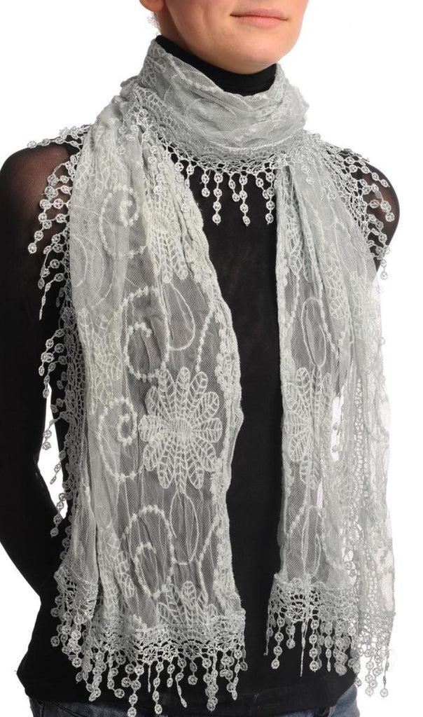 Liss Kiss Light Grey Vintage Lace With Flowers - Scarf