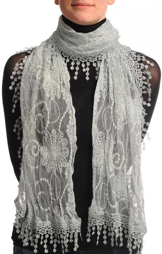 liss kiss Light Grey Vintage Lace With Flowers - Scarf