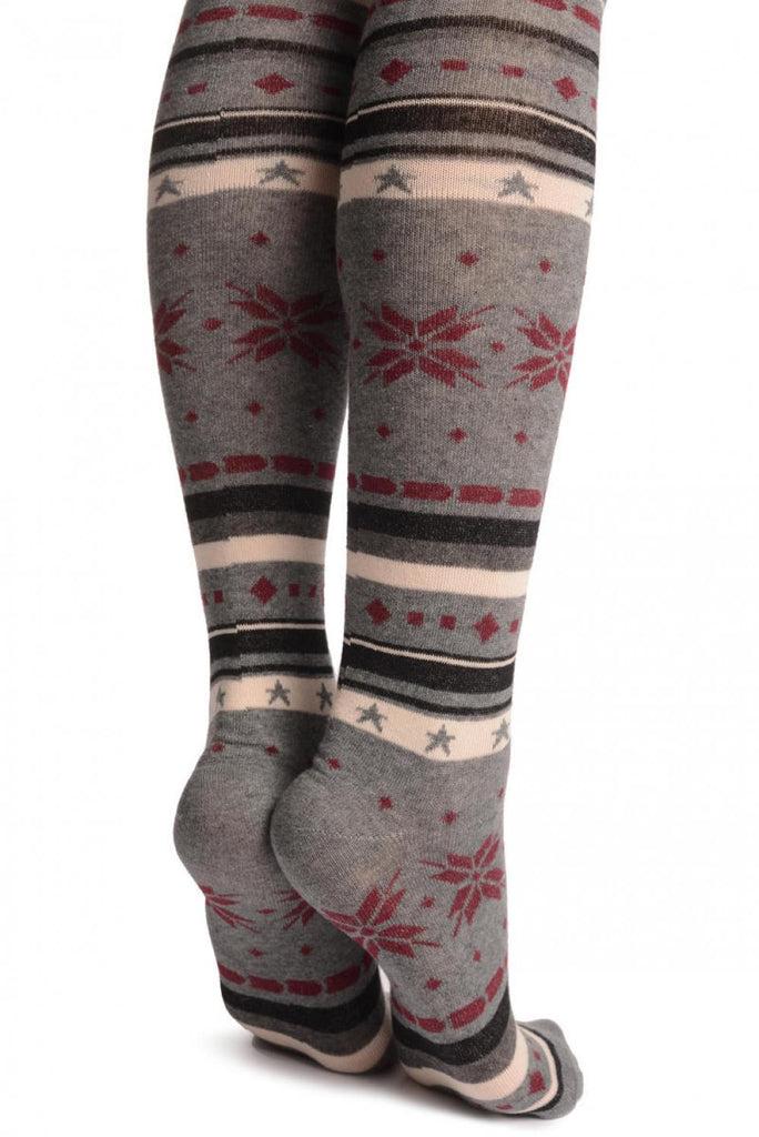 Liss Kiss Light Grey White & Burgundy Fairisle - Over The Knee Socks