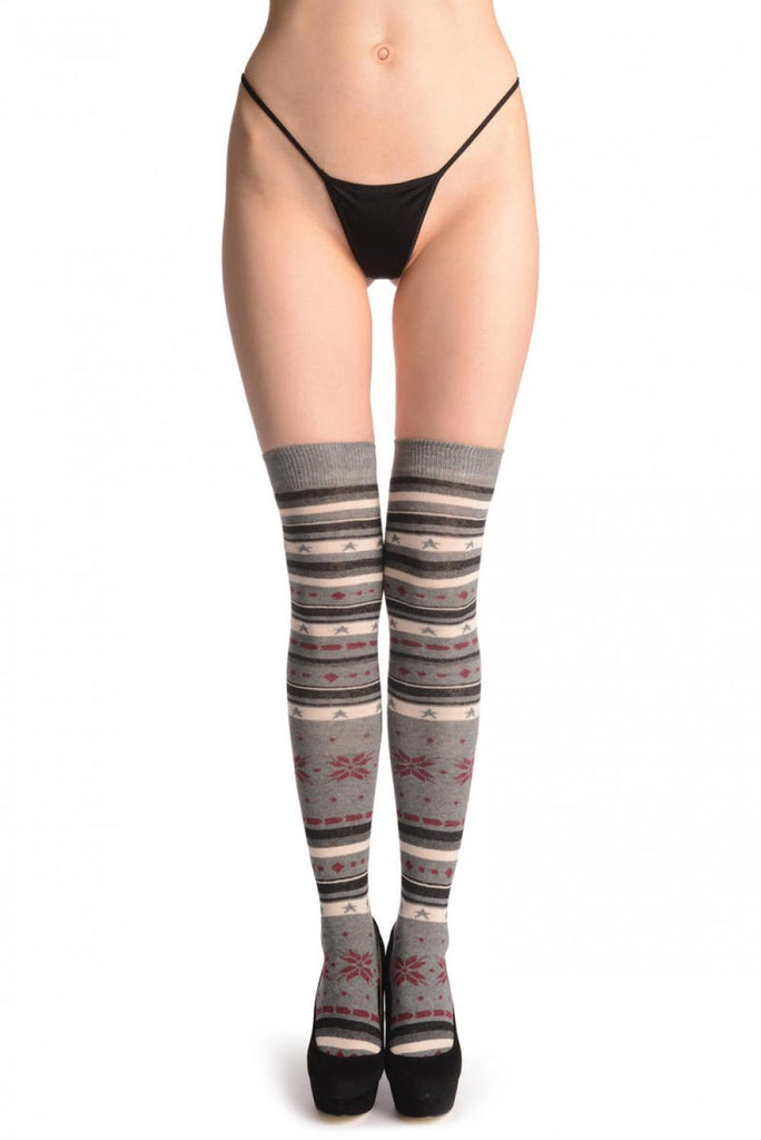 liss kiss Light Grey White & Burgundy Fairisle - Over The Knee Socks