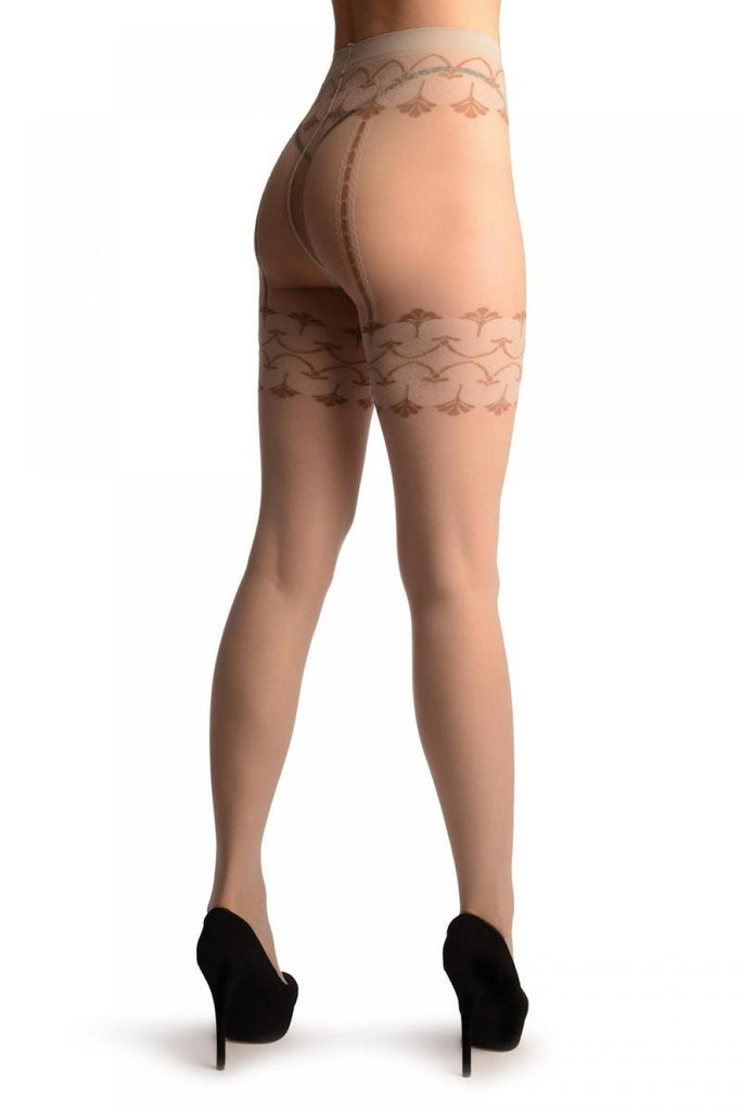 Liss Kiss Light Grey With Barocco Lace Faux Suspender Belt - Tights