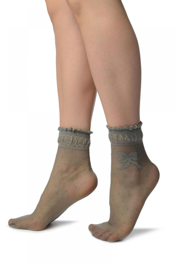 Liss Kiss Light Grey With Dots & Bow Comfort Top Ankle High Socks - Socks