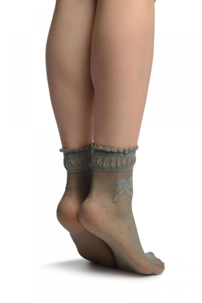 Liss Kiss Light Grey With Dots & Bow Comfort Top Ankle High Socks - Socks