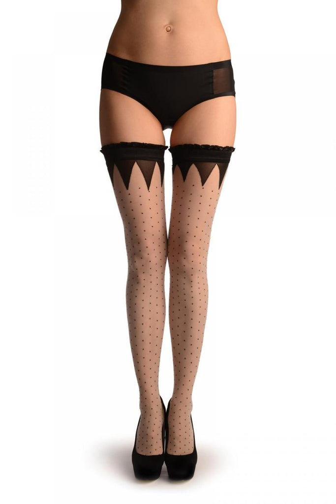 Liss Kiss Light Grey With Small Dots & Black Crown Silicon Top - Hold Ups