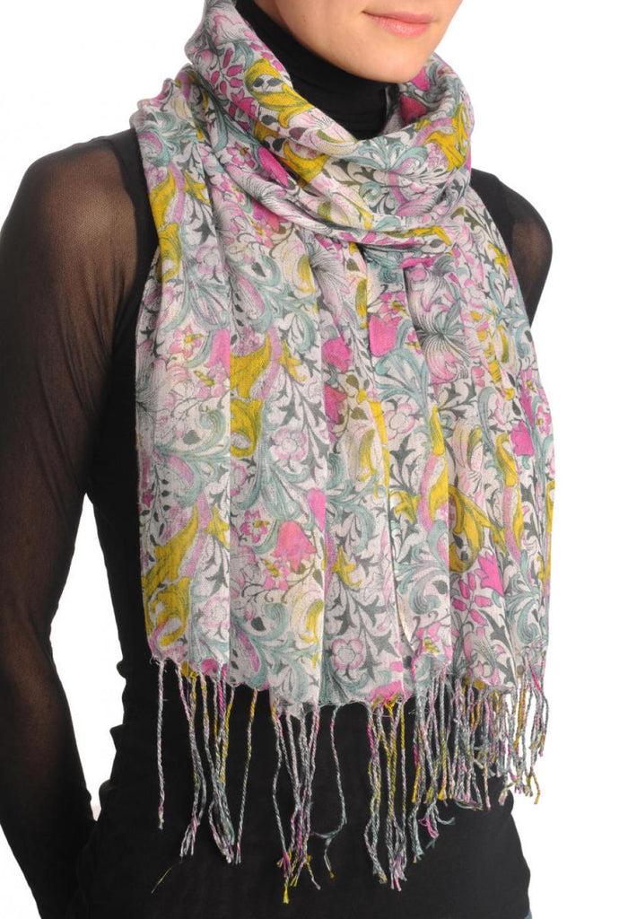 Liss Kiss Light Pink & Yellow Lilly Flowers With Tessels - Scarf