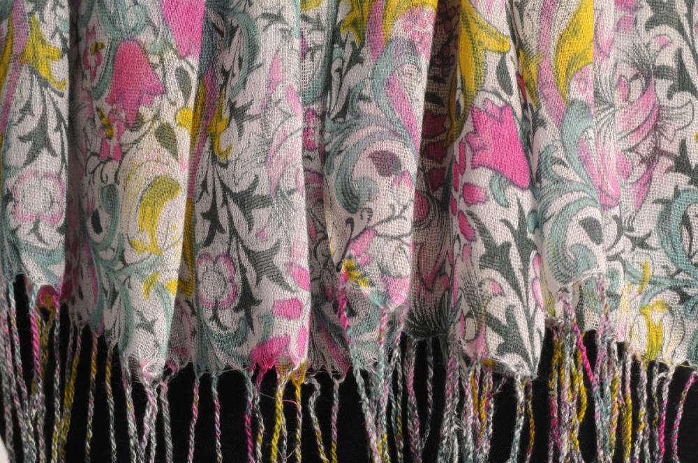 Liss Kiss Light Pink & Yellow Lilly Flowers With Tessels - Scarf