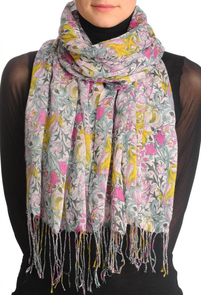 liss kiss Light Pink & Yellow Lilly Flowers With Tessels - Scarf