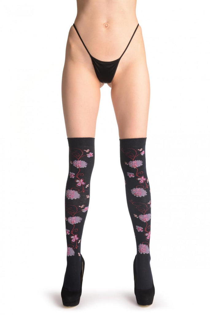 Liss Kiss Lilac Flowers And Butterflies On Dark Blue - Over The Knee Socks