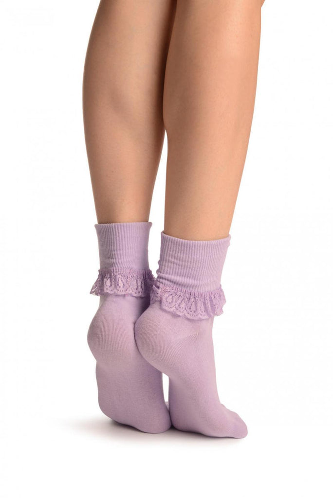 Liss Kiss Lilac With Lilac Lace Trim Ankle High Socks - Socks