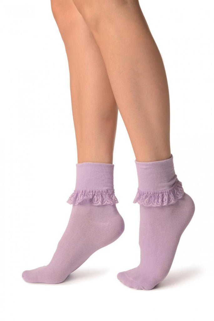Liss Kiss Lilac With Lilac Lace Trim Ankle High Socks - Socks