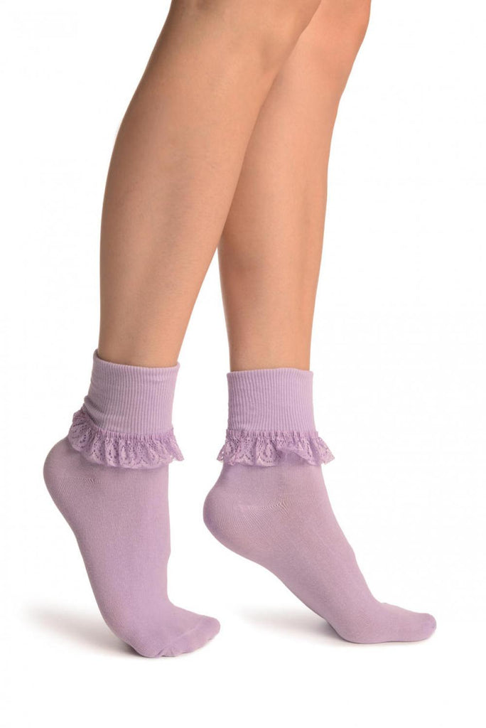 liss kiss Lilac With Lilac Lace Trim Ankle High Socks - Socks