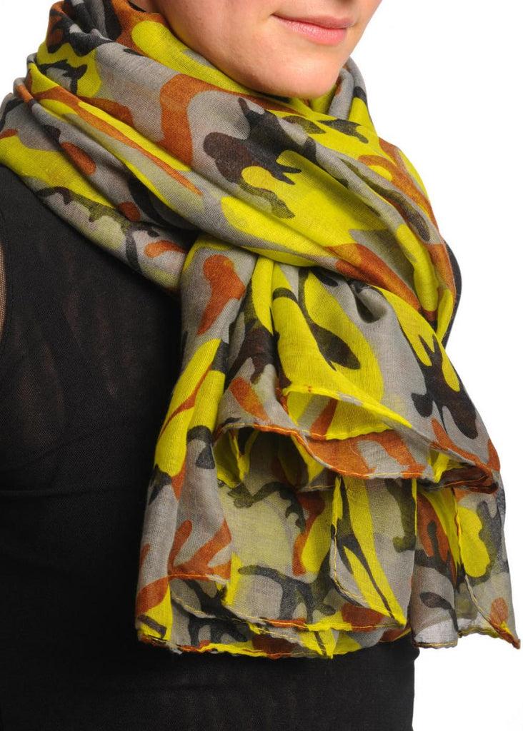 Liss Kiss Lime Green Grey & Brown Camouflage Unisex Scarf & Beach Sarong - Scarf