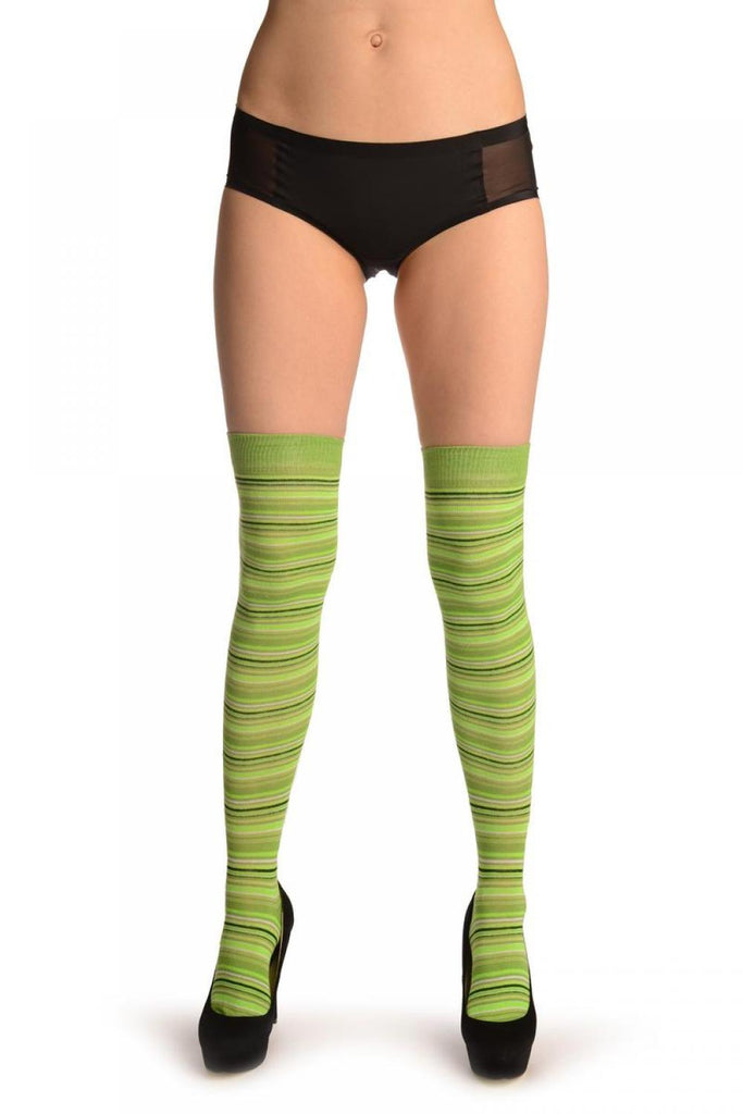 Liss Kiss Lime Green With Green & Black Thing Stripes - Over The Knee Socks