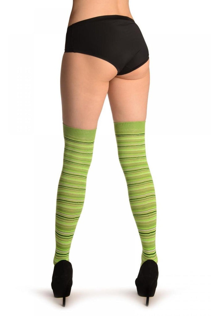 Liss Kiss Lime Green With Green & Black Thing Stripes - Over The Knee Socks
