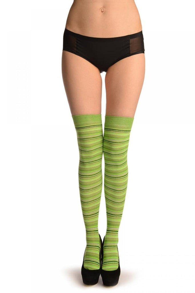 liss kiss Lime Green With Green & Black Thing Stripes - Over The Knee Socks