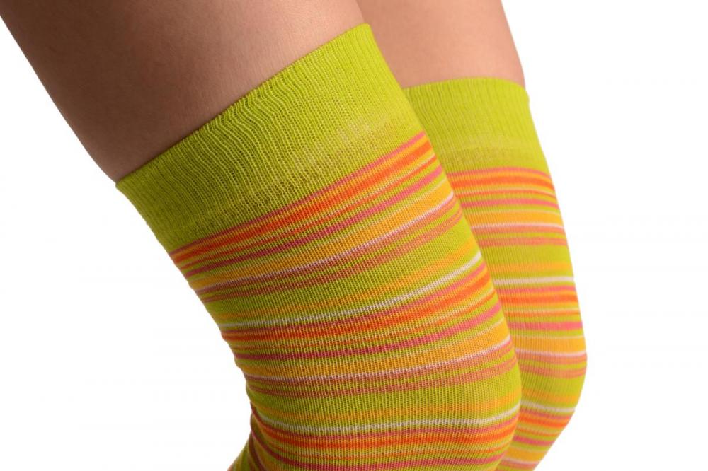 Liss Kiss Lime Green With Pink & Orange Thing Stripes - Over The Knee Socks