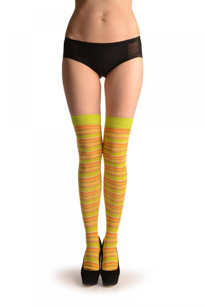 Liss Kiss Lime Green With Pink & Orange Thing Stripes - Over The Knee Socks