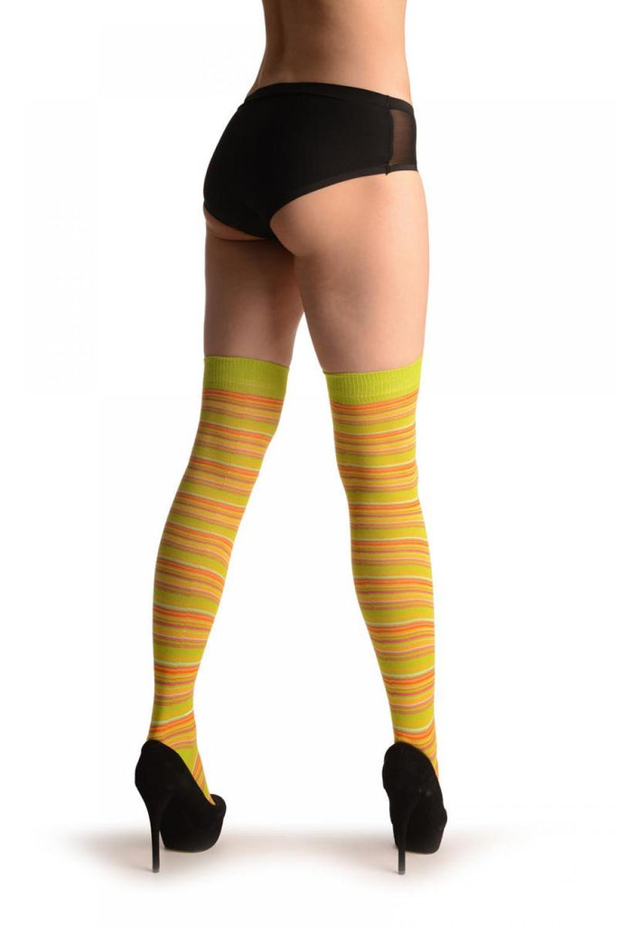 Liss Kiss Lime Green With Pink & Orange Thing Stripes - Over The Knee Socks