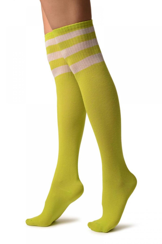 Liss Kiss Lime Green With White Stripes Referee Knee High Socks - Socks