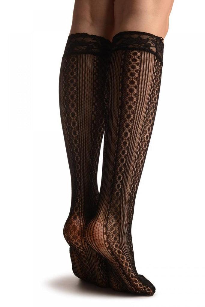 Liss Kiss Lines & Crochet Stripes Black Lace Knee High Socks - Socks