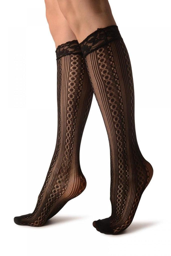 Liss Kiss Lines & Crochet Stripes Black Lace Knee High Socks - Socks