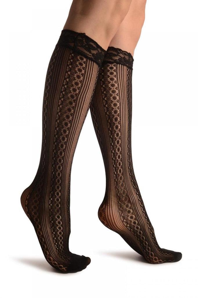 liss kiss Lines & Crochet Stripes Black Lace Knee High Socks - Socks