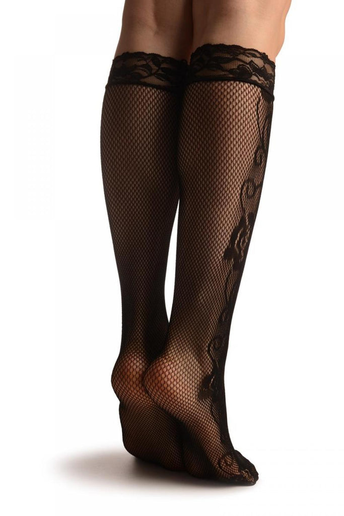 Liss Kiss Linked Roses On The Side Black Lace Knee High Socks - Socks