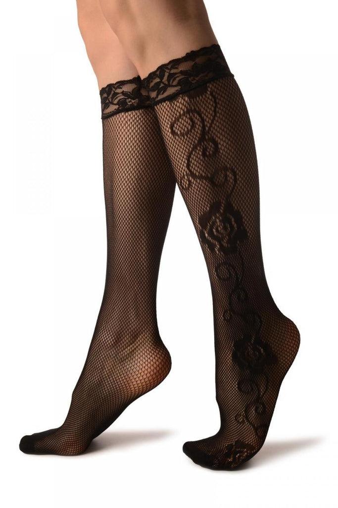 Liss Kiss Linked Roses On The Side Black Lace Knee High Socks - Socks
