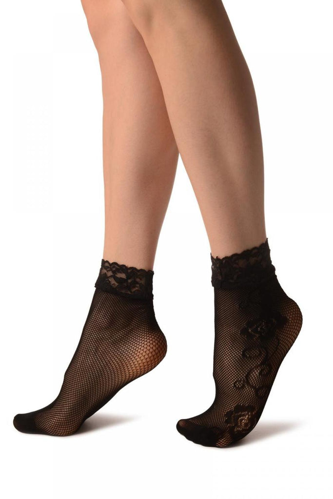 Liss Kiss Linked Roses On The Side Black Lace Socks Ankle High - Socks