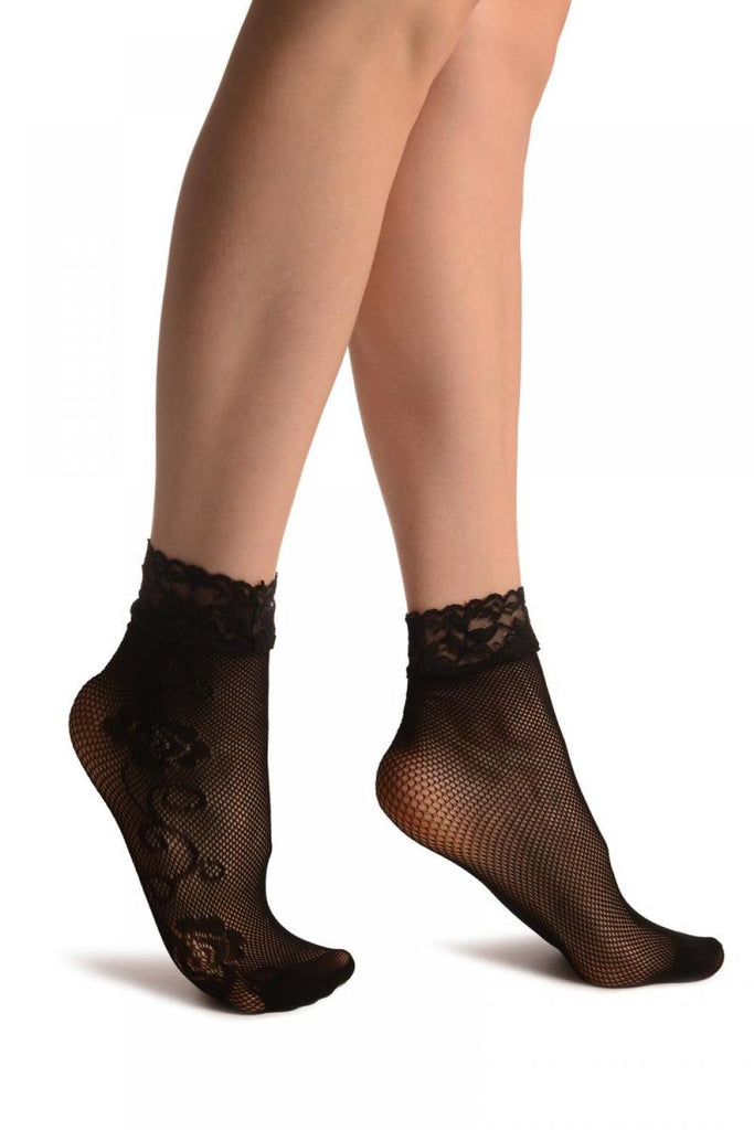 liss kiss Linked Roses On The Side Black Lace Socks Ankle High - Socks