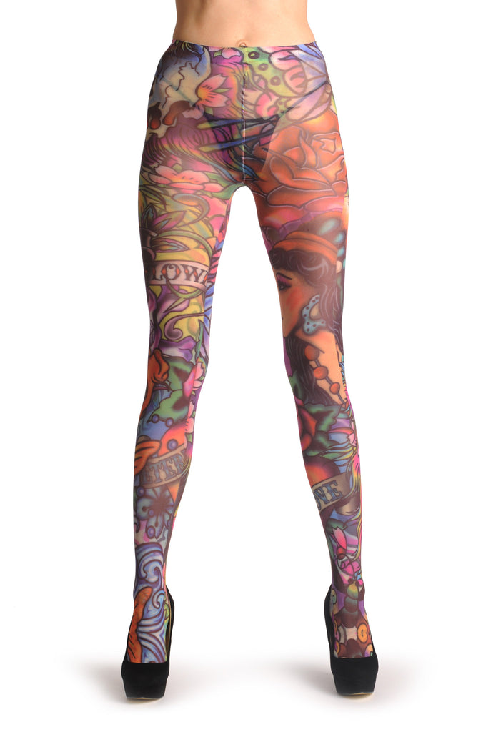 Liss Kiss A Girl With Flowers Tattoo - Tights
