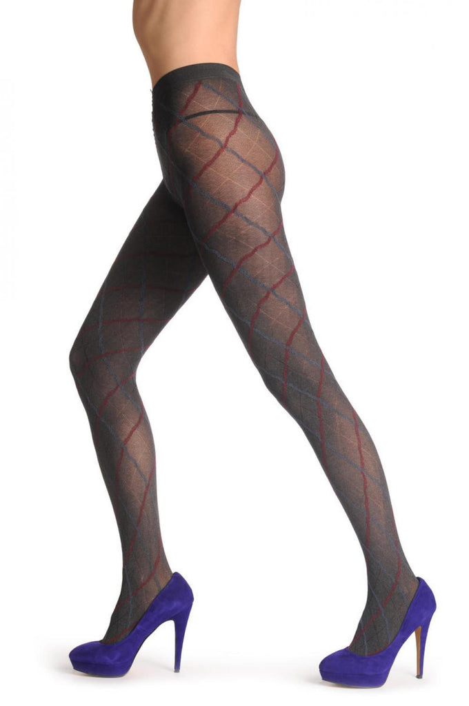 Liss Kiss Argyle Blue & Red On Grey 60 Den - Tights