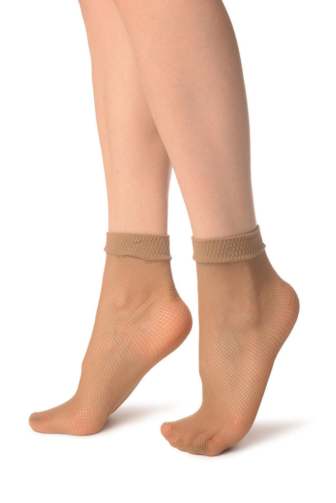 Liss Kiss Beige Fishnet Ankle High Socks - Socks