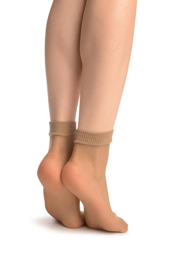 Liss Kiss Beige Fishnet Ankle High Socks - Socks