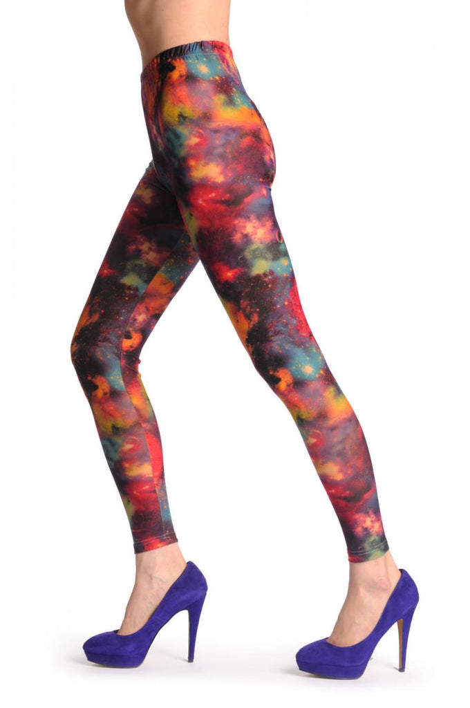 Liss Kiss Beige Purple & Olive Green Galaxy - Leggings