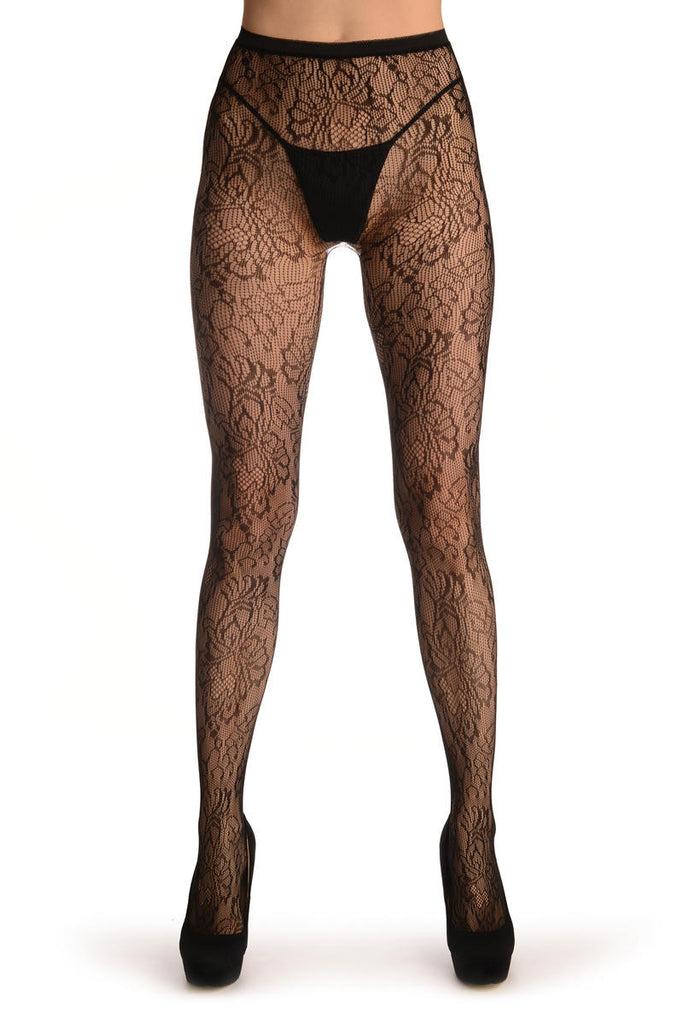 Liss Kiss Black Large Peony Flowers - Tights