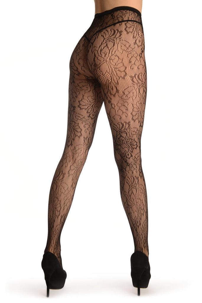 Liss Kiss Black Large Peony Flowers - Tights