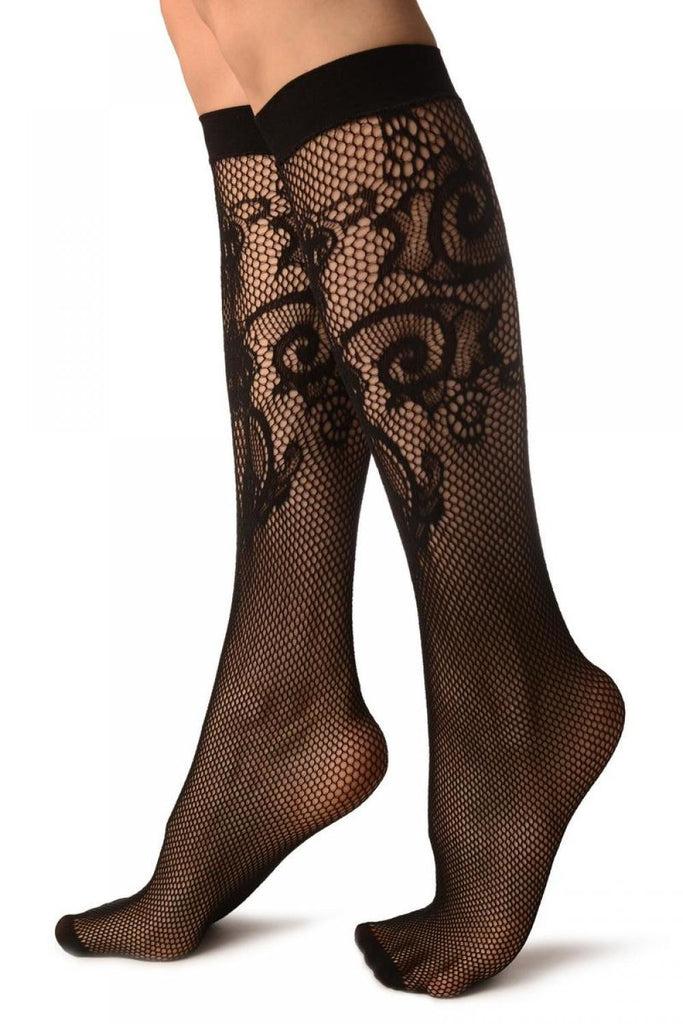Liss Kiss Black Lilly Lace Socks Knee High - Socks