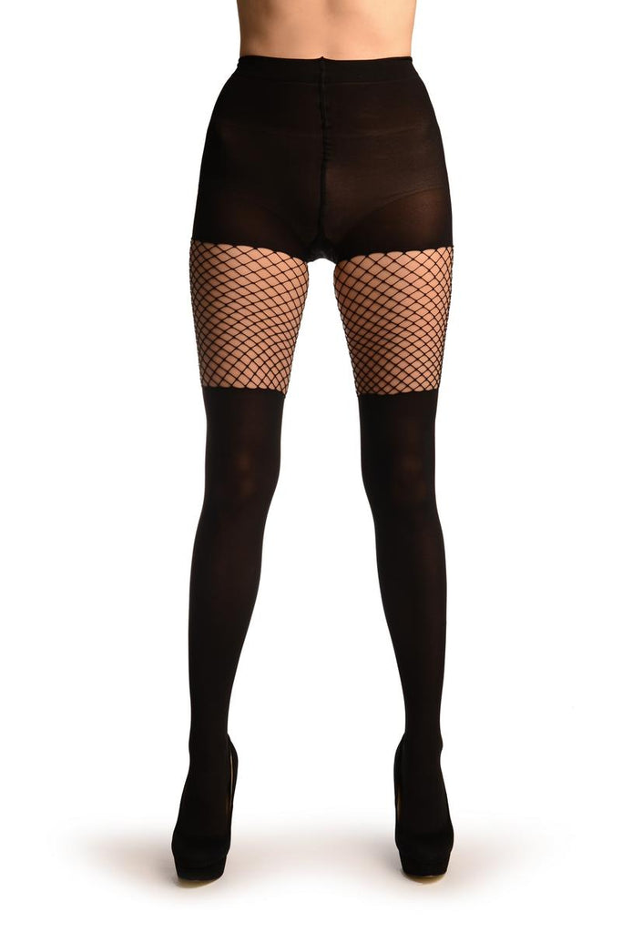 Liss Kiss Black Opaque With Fishnet Top - Tights
