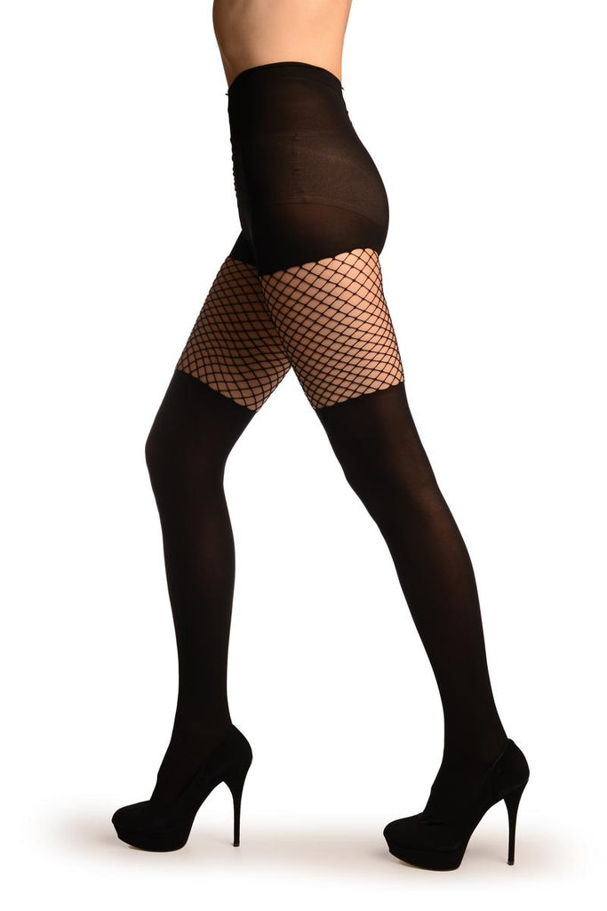 Liss Kiss Black Opaque With Fishnet Top - Tights