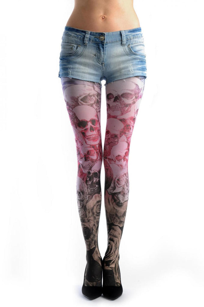 Liss Kiss Black Pink Blue Roses & Skulls - Tights