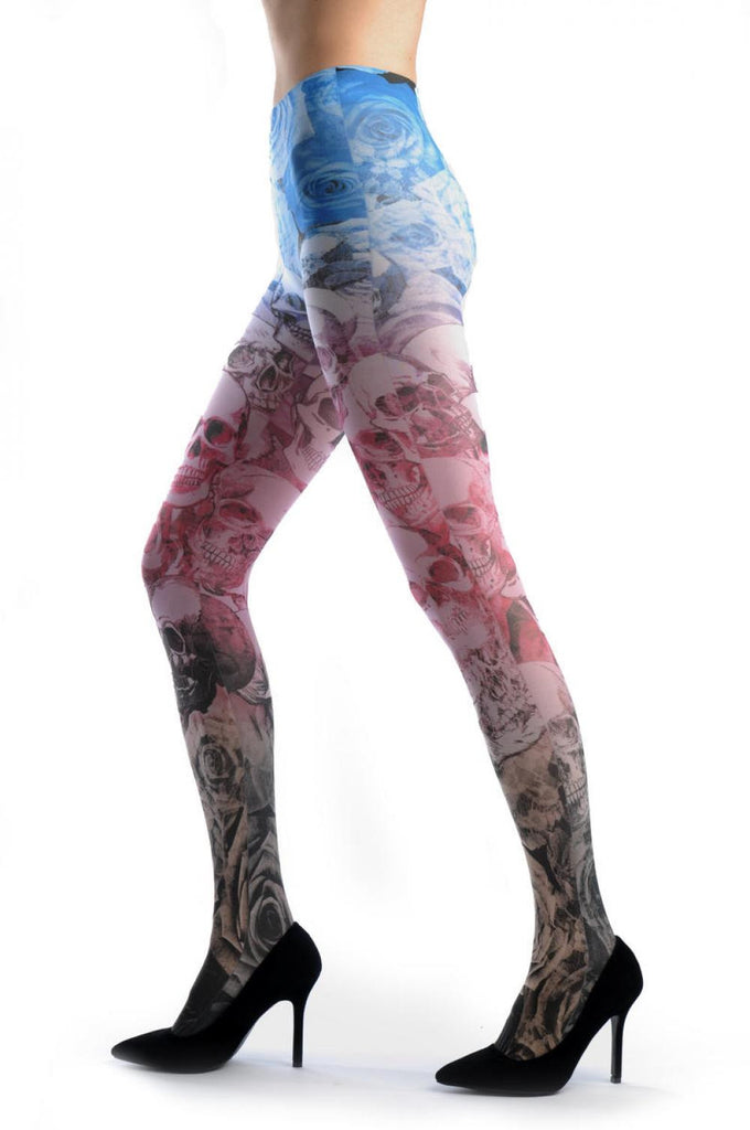 Liss Kiss Black Pink Blue Roses & Skulls - Tights