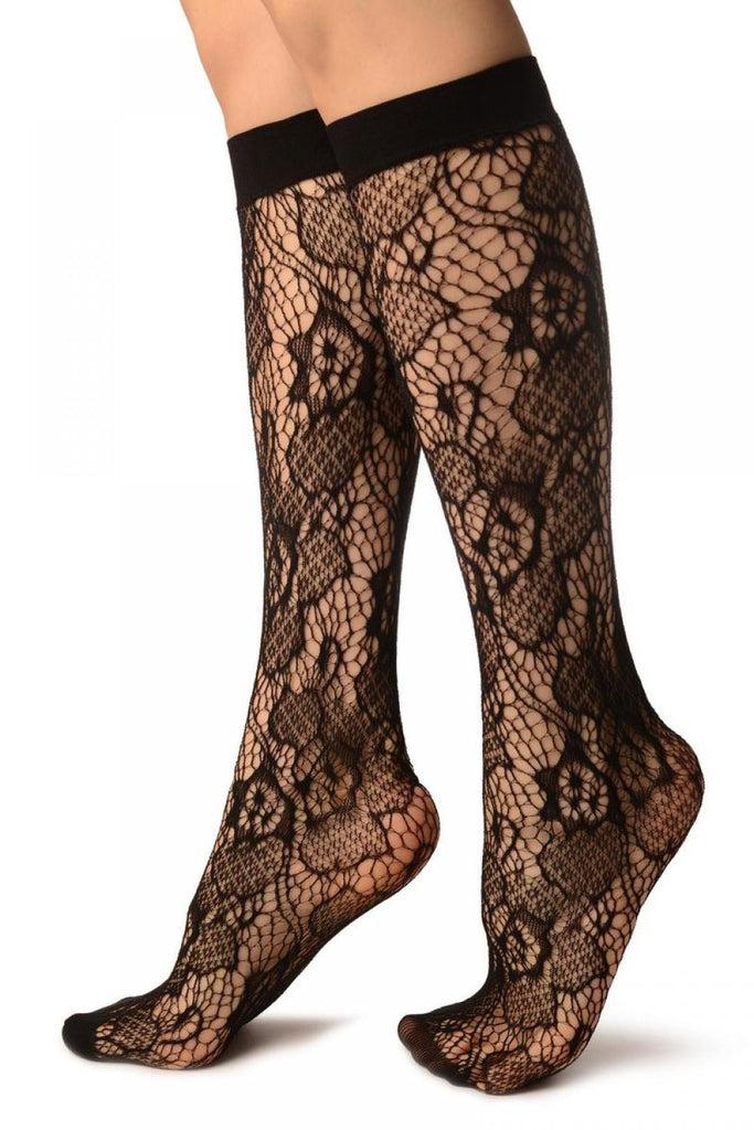 Liss Kiss Black Roses Lace Socks Knee High - Socks