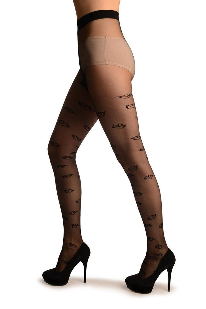 Liss Kiss Black Sheer With Woven Lips - Tights