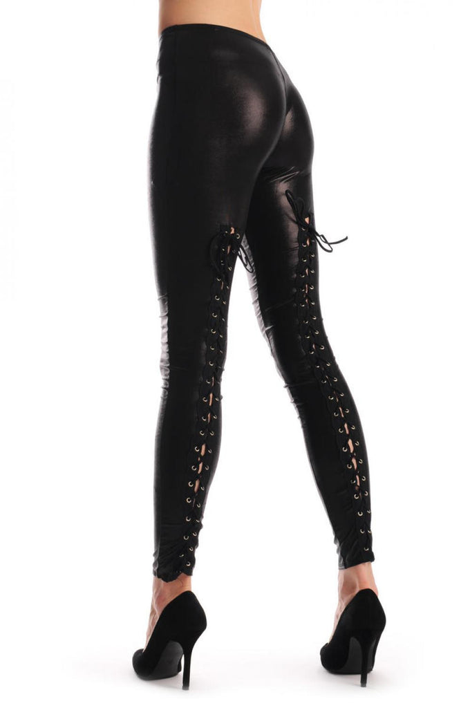 Liss Kiss Black Wet Look With Corset Back - Leggings