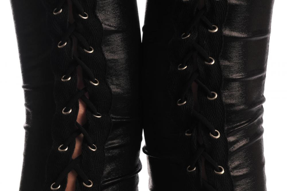 Liss Kiss Black Wet Look With Corset Back - Leggings