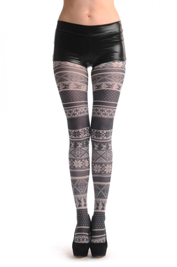 Liss Kiss Black & White Aztec Reindeers - Tights